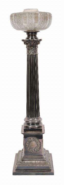 19TH-CENTURY MAPPIN & WEBB CORINTHIAN-PILLARED SILVER-PLATED OIL LAMP