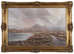 JERRY MARJORAM, EXTENSIVE LAKE AND MOUNTAIN LANDSCAPE WITH COTTAGES TO THE FORE