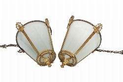 PAIR OF BRASS AND GLASS HANGING LANTERNS