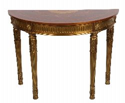 REGENCY-STYLE WALNUT MARQUETRY AND GILT DEMILUNE SIDE TABLE