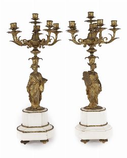 PAIR 19TH-CENTURY BRONZE AND MARBLE CANDELABRAS