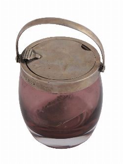 AMETHYST GLASS AND SILVER HONEY JAR, LONDON 1915