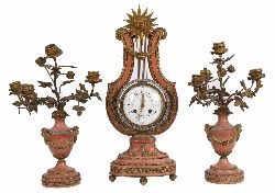 19TH-CENTURY ORMOLU MOUNTED FRENCH LYRE SHAPED CLOCK SET