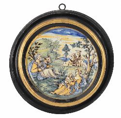 FRAMED FAIENCE OR MAJOLICA PLAQUE WITH FIGURAL SCENE