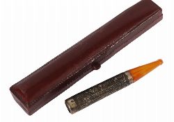 AMBER AND SILVER CIGARETTE HOLDER, IN CASE