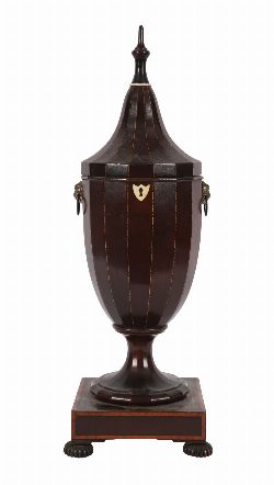 GEORGE III MAHOGANY AND INLAID URN-SHAPED TEA CADDY