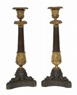 PAIR OF FRENCH EMPIRE ORMOLU AND BRONZE CANDLESTICKS