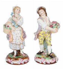 PAIR OF CONTINENTAL PORCELAIN FIGURES, MALE AND FEMALE WITH BASKETS OF FLOWERS