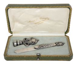 FRENCH OXIDISED SILVER PAPER KNIFE AND SEAL DESK SET