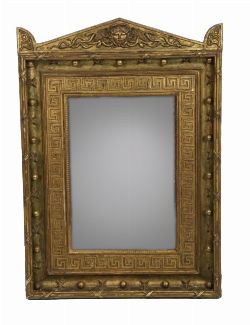 LATE GEORGE III CARVED GILTWOOD PIER MIRROR WITH MEDUSA MASK PEDIMENT

