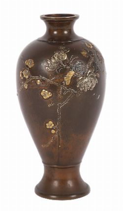 JAPANESE MEIJI PERIOD BRONZE, SILVER AND GOLD MOUNTED VASE