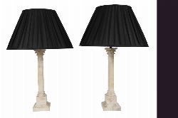 PAIR OF CORINTHIAN-PILLARED MARBLE TABLE LAMPS WITH SHADES
