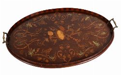 EDWARDIAN MAHOGANY AND MARQUETRY OVAL SERVING TRAY