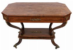 REGENCY PERIOD ROSEWOOD, CROSSBANDED AND BRASS-MOUNTED LIBRARY TABLE