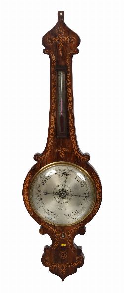 EARLY 19TH-CENTURY ROSEWOOD AND MARQUETRY BANJO-SHAPED BAROMETER