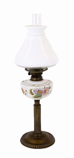 VICTORIAN OIL LAMP WITH PAINTED GLASS RESERVOIR