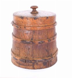 19TH-CENTURY CIRCULAR STAVE FLOUR BARREL WITH COVER
