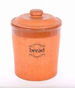 GLAZED POTTERY CIRCULAR BREAD BIN WITH COVER