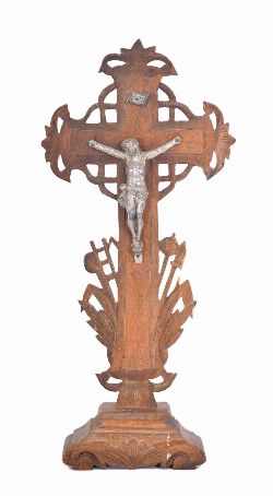 CARVED WOOD TABLE-TOP CRUCIFIX WITH METAL CORPUS