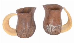PAIR OF CARVED WOOD JUGS WITH HORN HANDLES, SIGNED â€œFALFERâ€