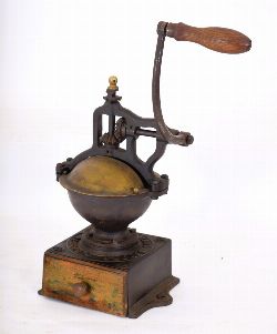 19TH-CENTURY METAL AND BRASS COFFEE GRINDER
