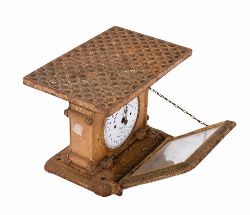 CAST IRON CHEMISTâ€™S SCALE STAND AND WEIGHING SCALES, MARKED â€œJARASOâ€