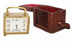 LATE 19TH-CENTURY FRENCH BRASS CARRIAGE CLOCK IN LEATHER TRAVELLING CASE
