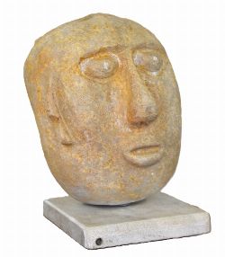 EARLY CARVED STONE MASK MOUNTED ON MARBLE BASE