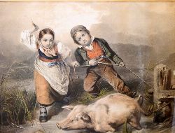 19TH-CENTURY COLOURED ENGRAVING â€“ THE PIG CATCHERS
