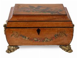 REGENCY SATINWOOD PAINTED WORK BOX WITH ORMOLU FEET
