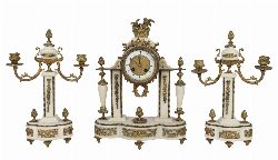 THREE-PIECE STATUARY WHITE MARBLE AND ORMOLU CLOCK GARNITURE, PORTICO FORM