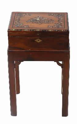 LATE 19TH-CENTURY CONTINENTAL MARQUETRY-INLAID WRITING SLOPE ON STAND