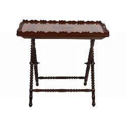19TH-CENTURY YEW WOOD AND MARQUETRY TRAY ON X-FRAME STAND


