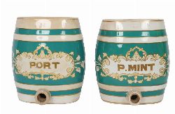 PAIR OF PORCELAIN SPIRIT BARRELS, PORT AND P. MINT