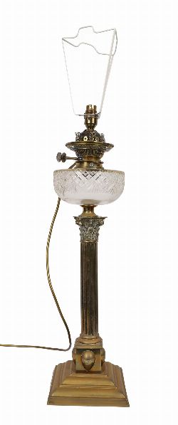 19TH-CENTURY BRASS AND CUT-CRYSTAL CORINTHIAN-PILLARED OIL LAMP