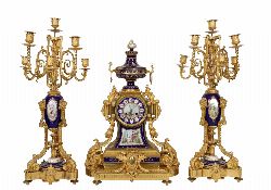 IMPORTANT ORMOLU AND SÃˆVRES PORCELAIN CLOCK GARNITURE
