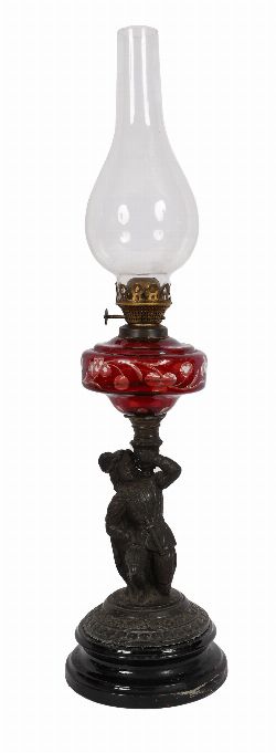 19TH-CENTURY FIGURAL RUBY GLASS AND SPELTER OIL LAMP