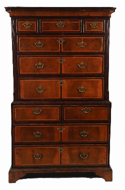 GEORGE I WALNUT AND CROSSBANDED CHEST ON CHEST
