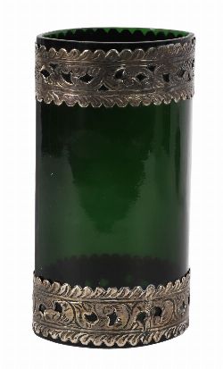 FRENCH GREEN GLASS VASE WITH SILVER MOUNTS