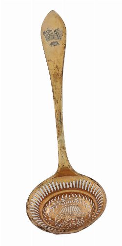 A FRENCH CRESTED SILVER STRAINING SPOON WITH THE CHATEAU DE CHALAIN COAT OF ARMS