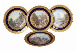 SET OF FOUR COPELAND PAINTED AND PARCEL-GILT PLATES