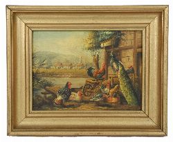 20TH-CENTURY FRAMED OIL PAINTING, FARMYARD SCENE