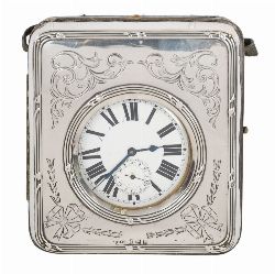 LARGE SILVER TRAVEL POCKET WATCH MOUNTED IN A SILVER CASE