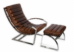 DESIGNER LEATHER AND CHROME CHAIR WITH MATCHING POUF