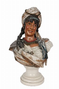 19TH-CENTURY GOLDSCHEIDER GLAZED CERAMIC POLYCHROME BUST