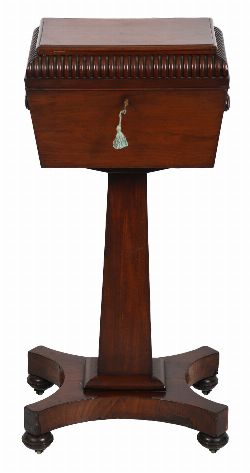 WILLIAM IV MAHOGANY TEAPOY, RAISED ON BALUSTER STEM AND PLATFORM BASE