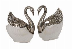 PAIR OF FRENCH SWAN-FORM SALT CELLARS â€” SILVER PLATE AND FROSTED GLASS