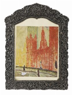 SILVER-PLATED REPOUSSÃ‰ PICTURE FRAME WITH OFFSET LITHOGRAPH OF NOTRE-DAME
