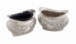 PAIR OF SILVER SALT CELLARS WITH BLUE GLASS LINERS