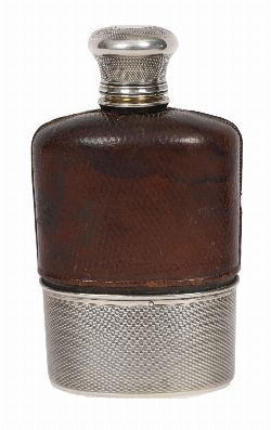 SILVER-MOUNTED AND LEATHER-COVERED HIP FLASK